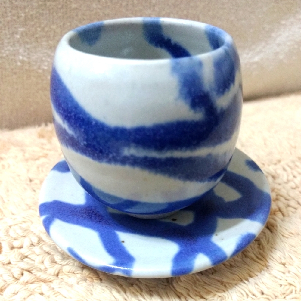 WHITEFISH POTTERY Miniature Vase & Plate Cobalt Blue Swirl Glaze 2007 Studio